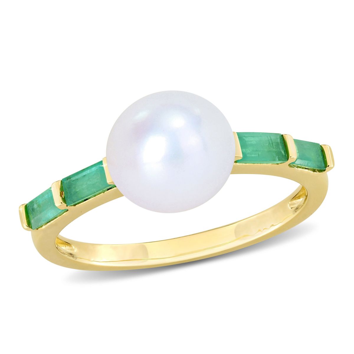 8-8.5mm Freshwater Cultured Pearl and Emerald Ring in 10K Yellow Gold