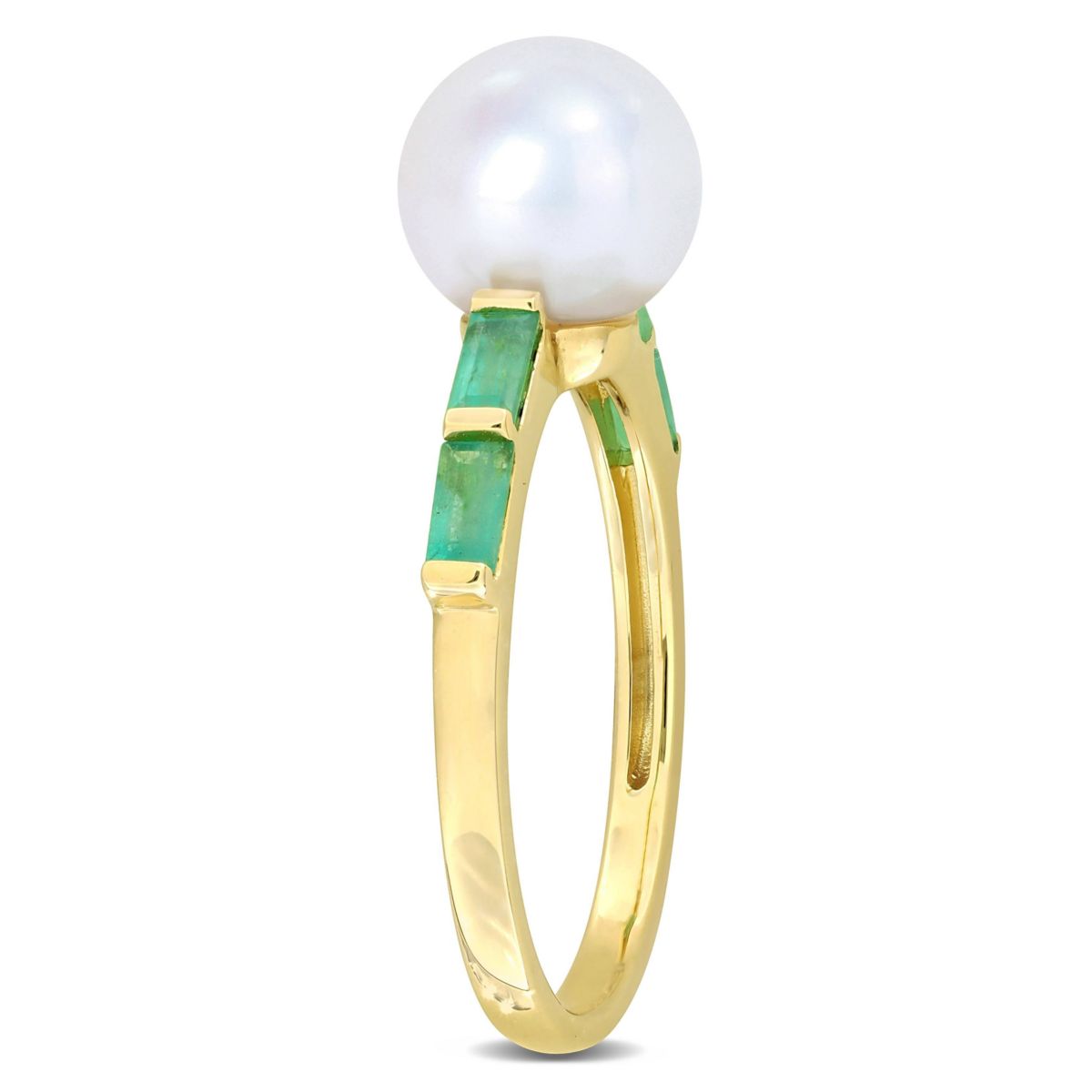 8-8.5mm Freshwater Cultured Pearl and Emerald Ring in 10K Yellow Gold