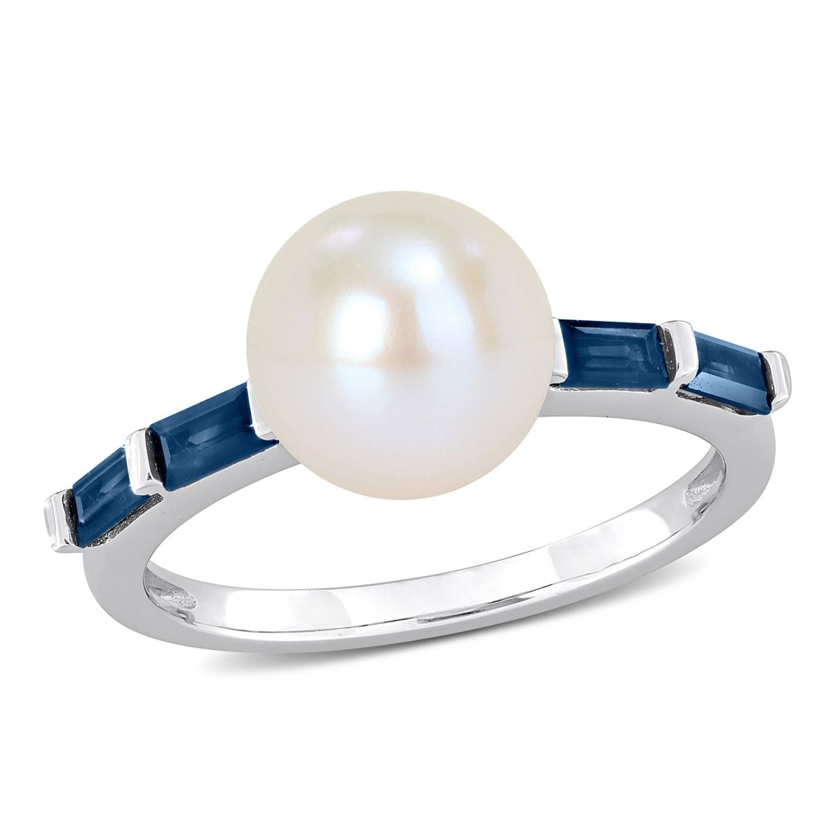 8-8.5mm Freshwater Cultured Pearl and Blue Sapphire Ring in 10K White Gold