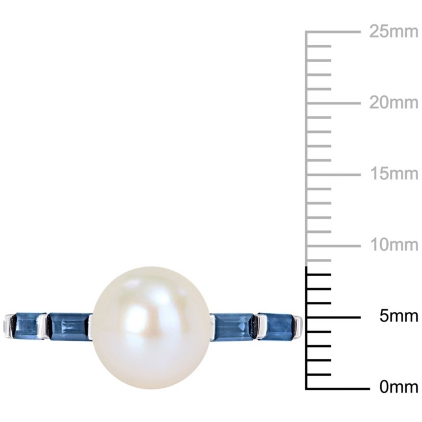 8-8.5mm Freshwater Cultured Pearl and Blue Sapphire Ring in 10K White Gold
