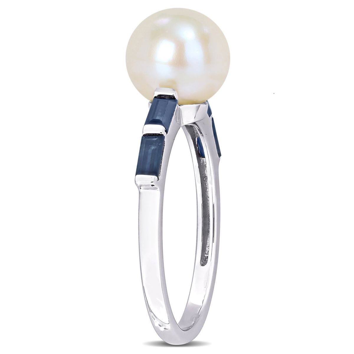 8-8.5mm Freshwater Cultured Pearl and Blue Sapphire Ring in 10K White Gold
