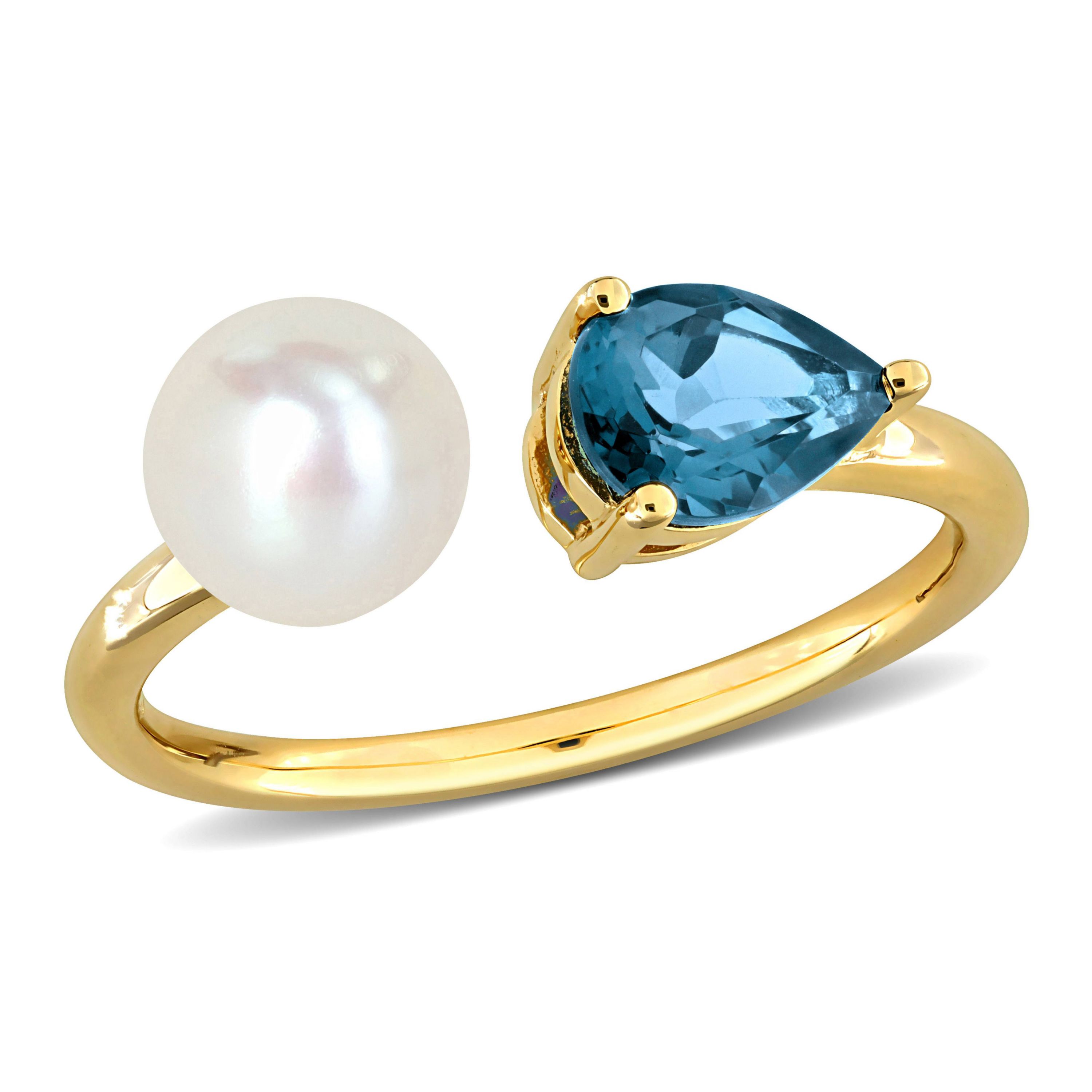 6-6.5mm Freshwater Cultured Pearl and London Blue Topaz Open 2-Stone Ring in 10K Yellow Gold
