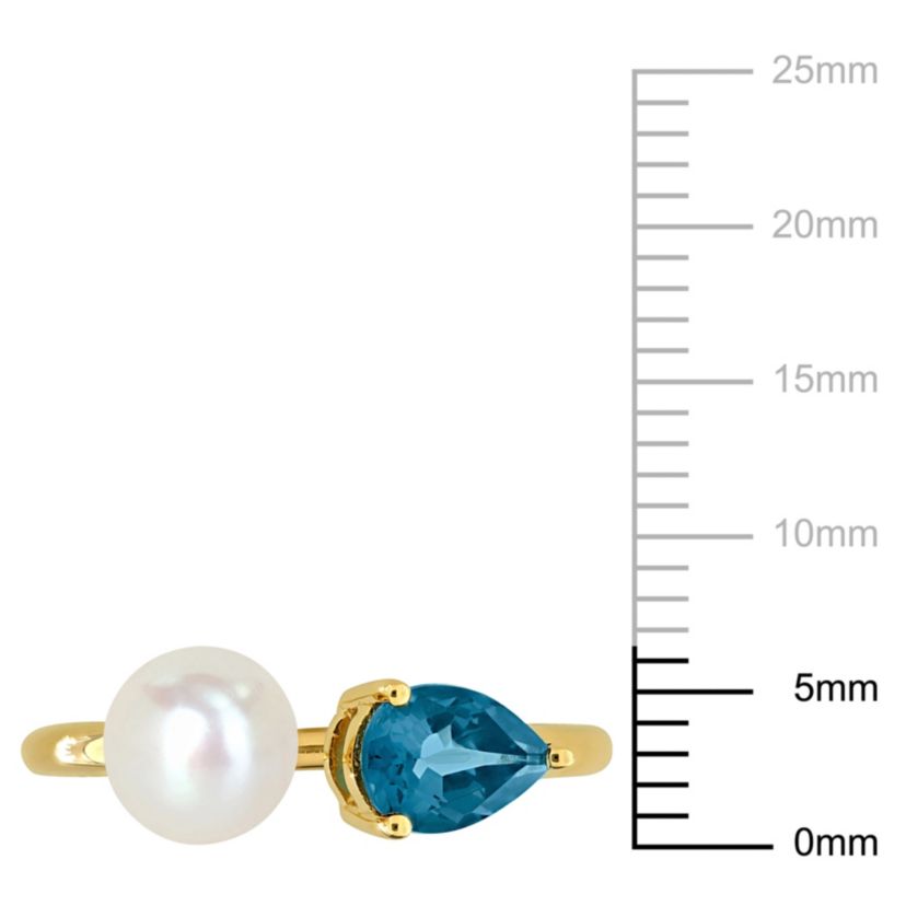 6-6.5mm Freshwater Cultured Pearl and London Blue Topaz Open 2-Stone Ring in 10K Yellow Gold