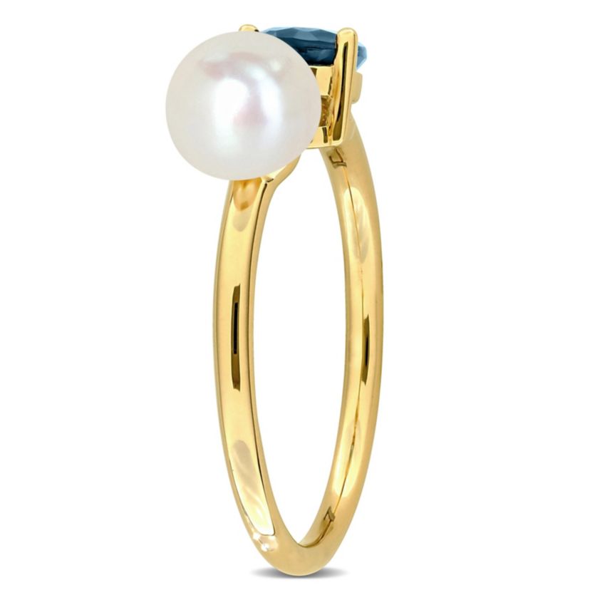 6-6.5mm Freshwater Cultured Pearl and London Blue Topaz Open 2-Stone Ring in 10K Yellow Gold