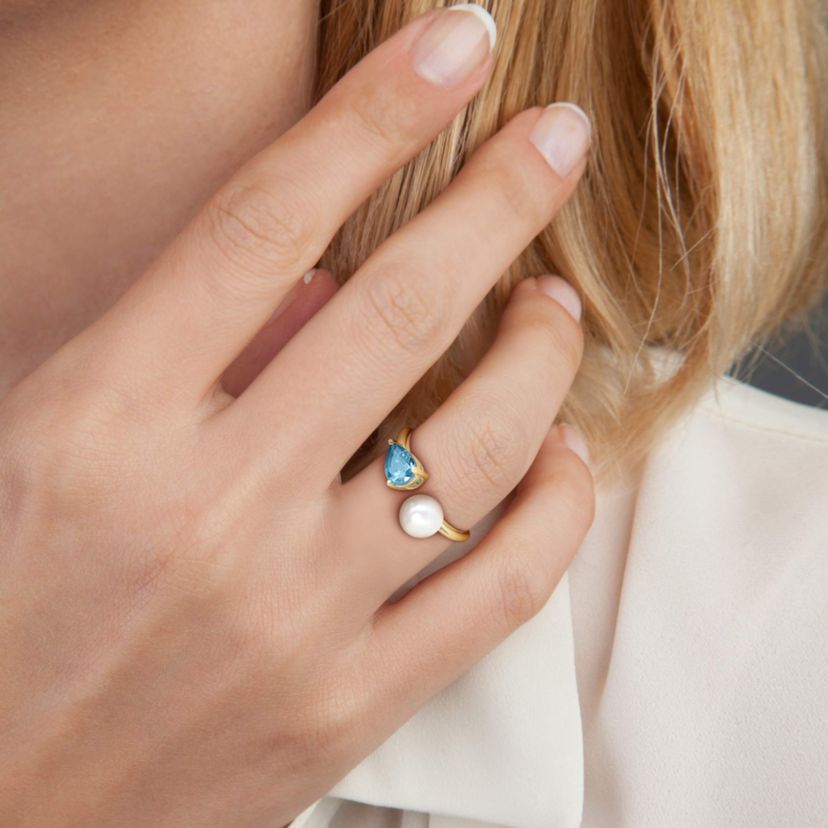 6-6.5mm Freshwater Cultured Pearl and London Blue Topaz Open 2-Stone Ring in 10K Yellow Gold