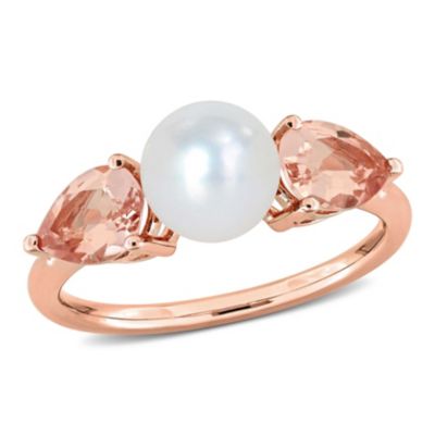 Belk & Co 7-7.5mm Freshwater Cultured Pearl and Morganite Promise Ring in 14K Rose Gold, Pink