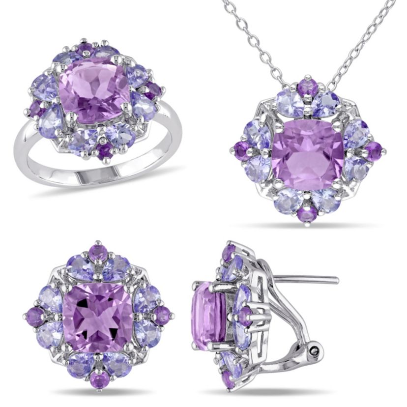 3-Pc Set of Amethyst & Tanzanite Cluster Ring, Earrings & Pendant with Chain in Sterling Silver