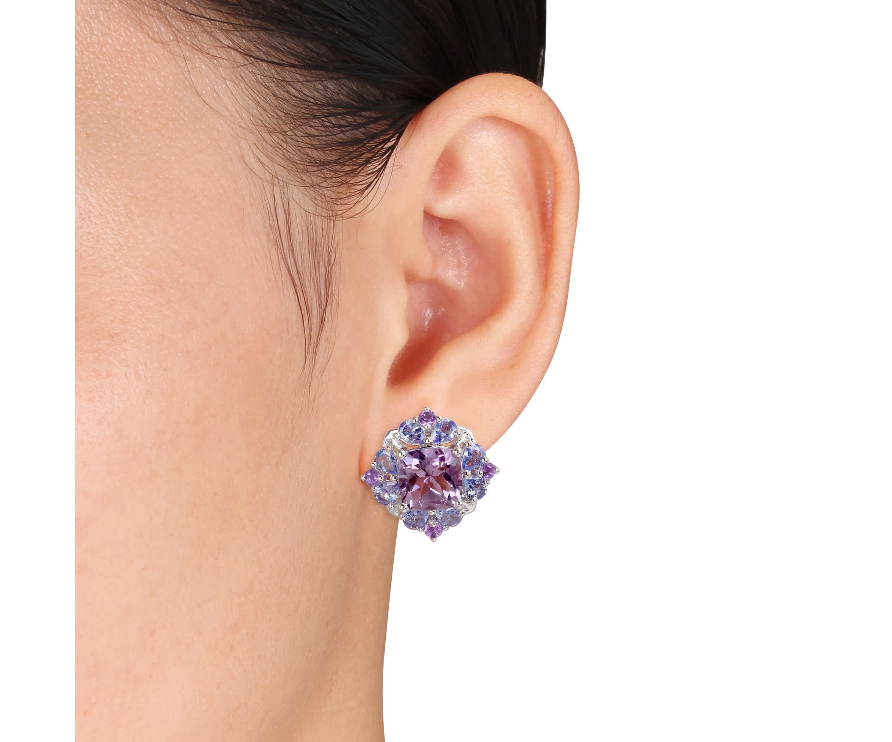 3-Pc Set of Amethyst & Tanzanite Cluster Ring, Earrings & Pendant with Chain in Sterling Silver
