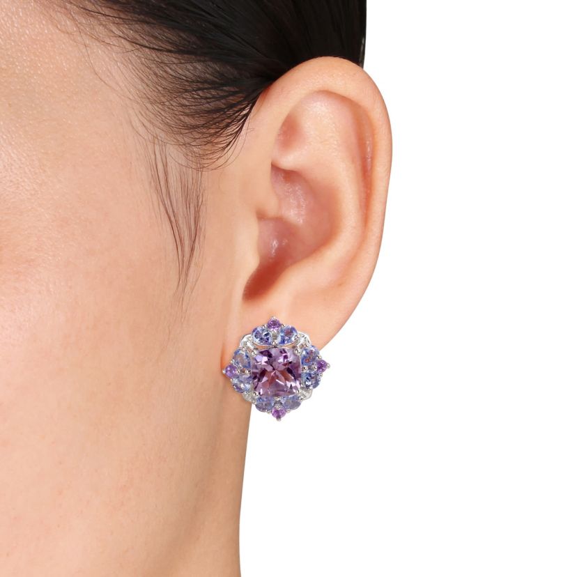 3-Pc Set of Amethyst & Tanzanite Cluster Ring, Earrings & Pendant with Chain in Sterling Silver