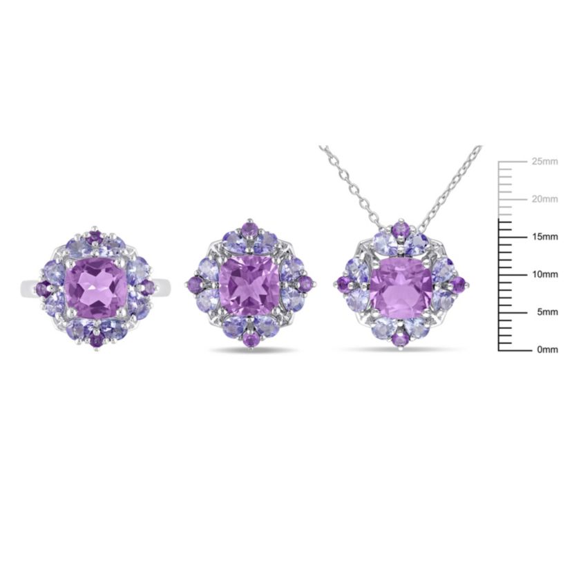 3-Pc Set of Amethyst & Tanzanite Cluster Ring, Earrings & Pendant with Chain in Sterling Silver