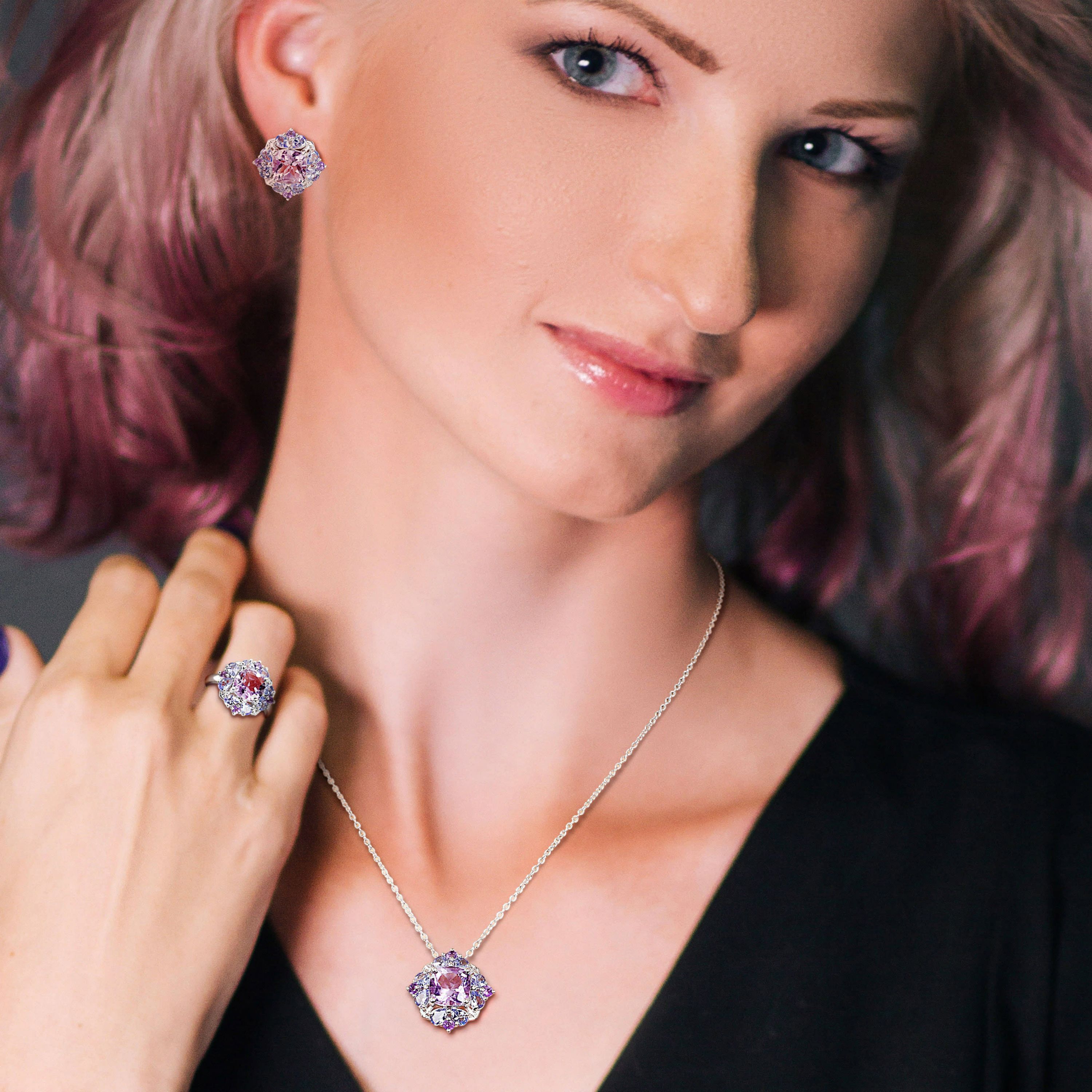 3-Pc Set of Amethyst & Tanzanite Cluster Ring, Earrings & Pendant with Chain in Sterling Silver
