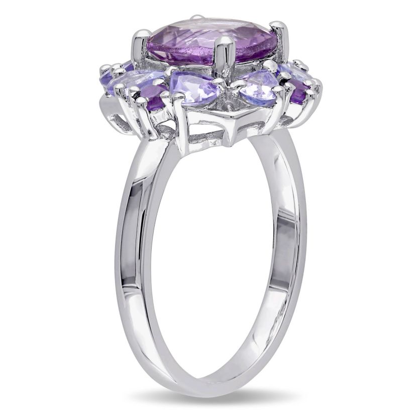 3-Pc Set of Amethyst & Tanzanite Cluster Ring, Earrings & Pendant with Chain in Sterling Silver