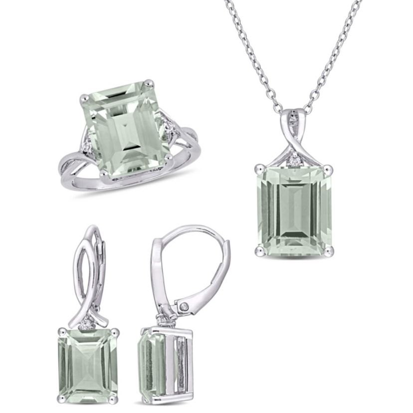 3-Pc Set of Green Quartz & White Topaz Twisted Ring, Earrings & Pendant with Chain in Sterling Silver