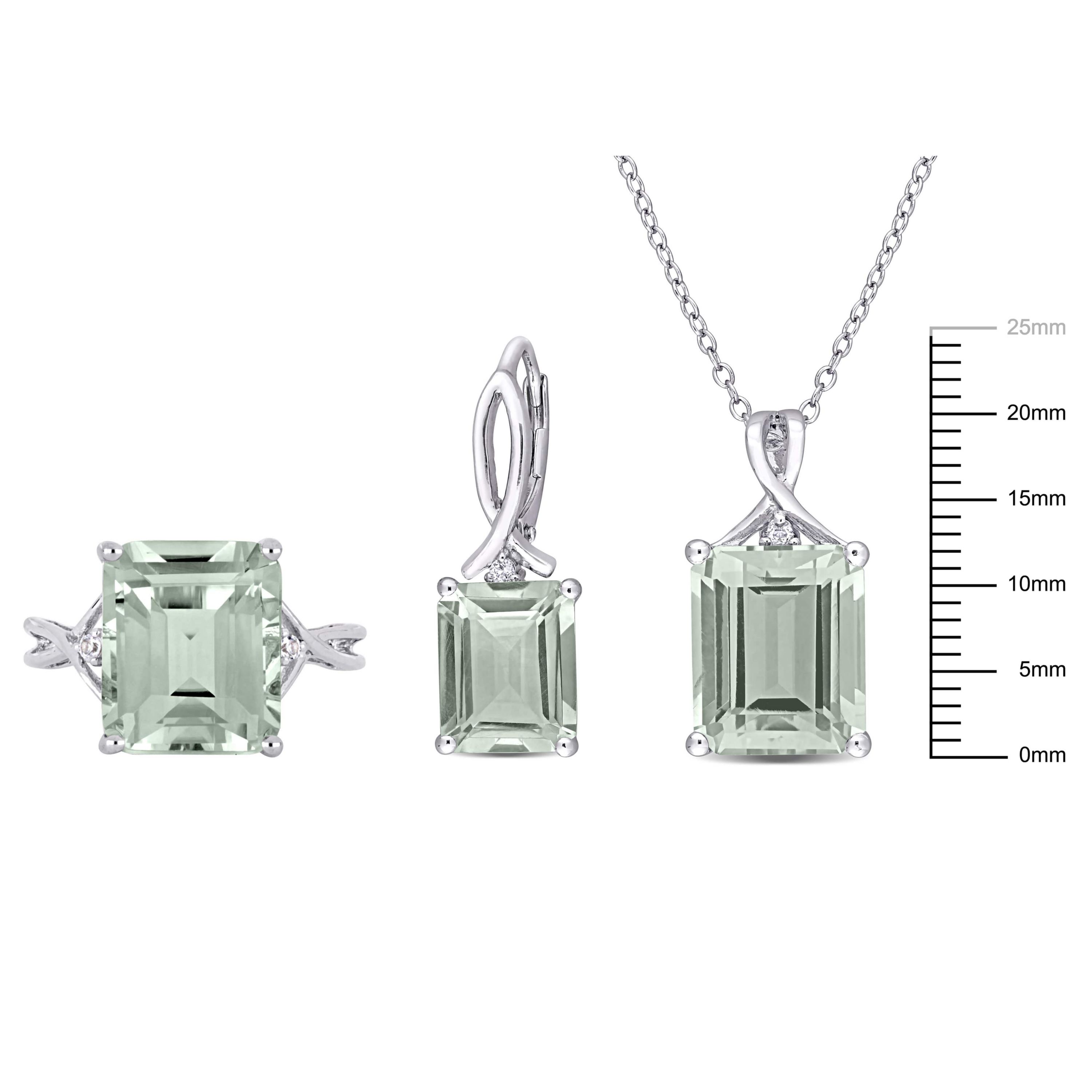 3-Pc Set of Green Quartz & White Topaz Twisted Ring, Earrings & Pendant with Chain in Sterling Silver