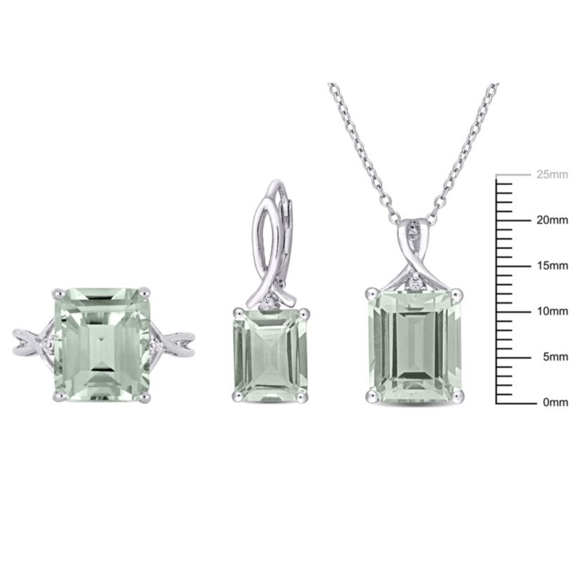 3-Pc Set of Green Quartz & White Topaz Twisted Ring, Earrings & Pendant with Chain in Sterling Silver