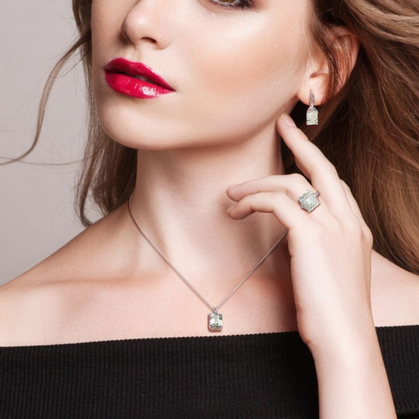 3-Pc Set of Green Quartz & White Topaz Twisted Ring, Earrings & Pendant with Chain in Sterling Silver