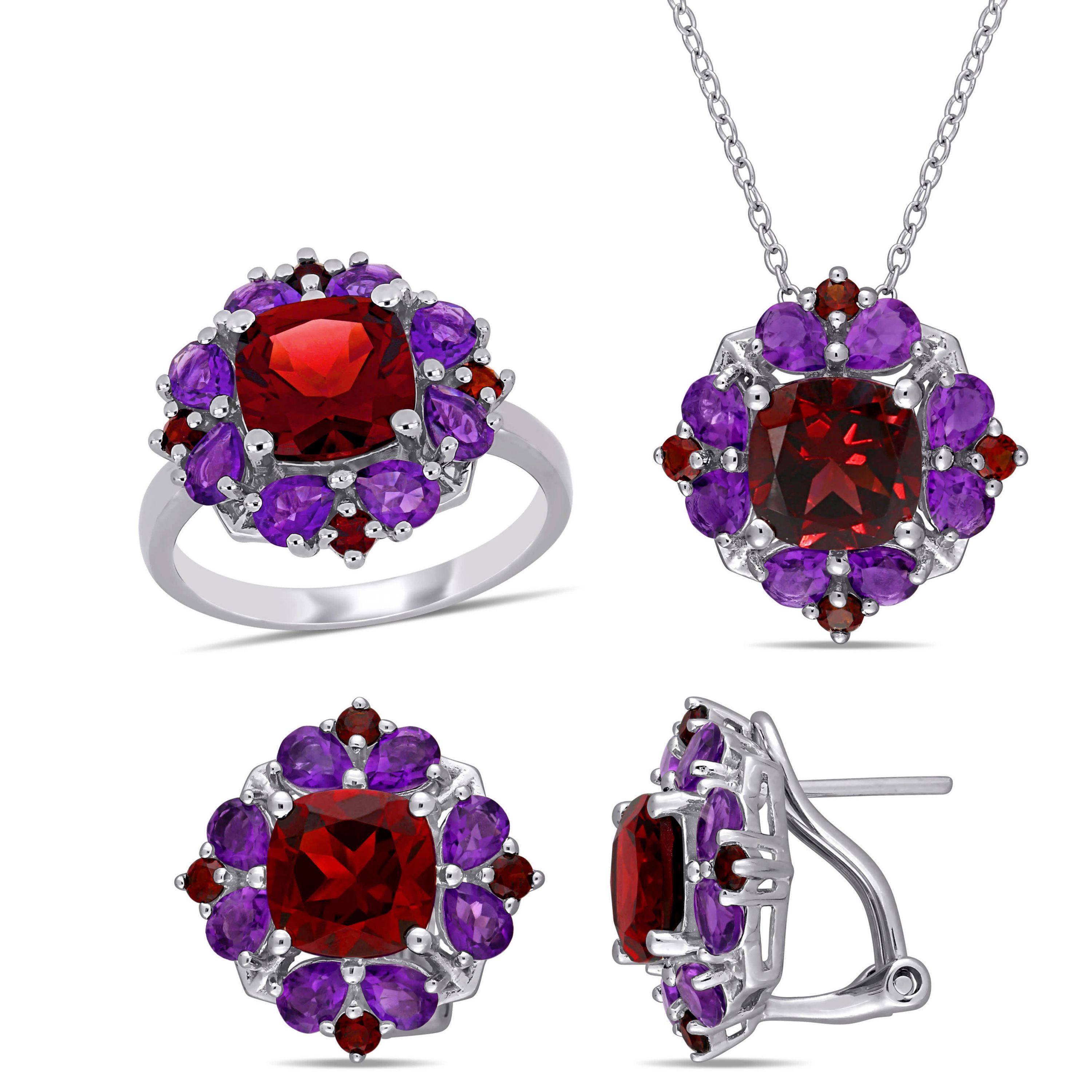 3-Pc Set of Garnet & Amethyst-Africa Cluster Ring, Earrings & Pendant with Chain in Sterling Silver