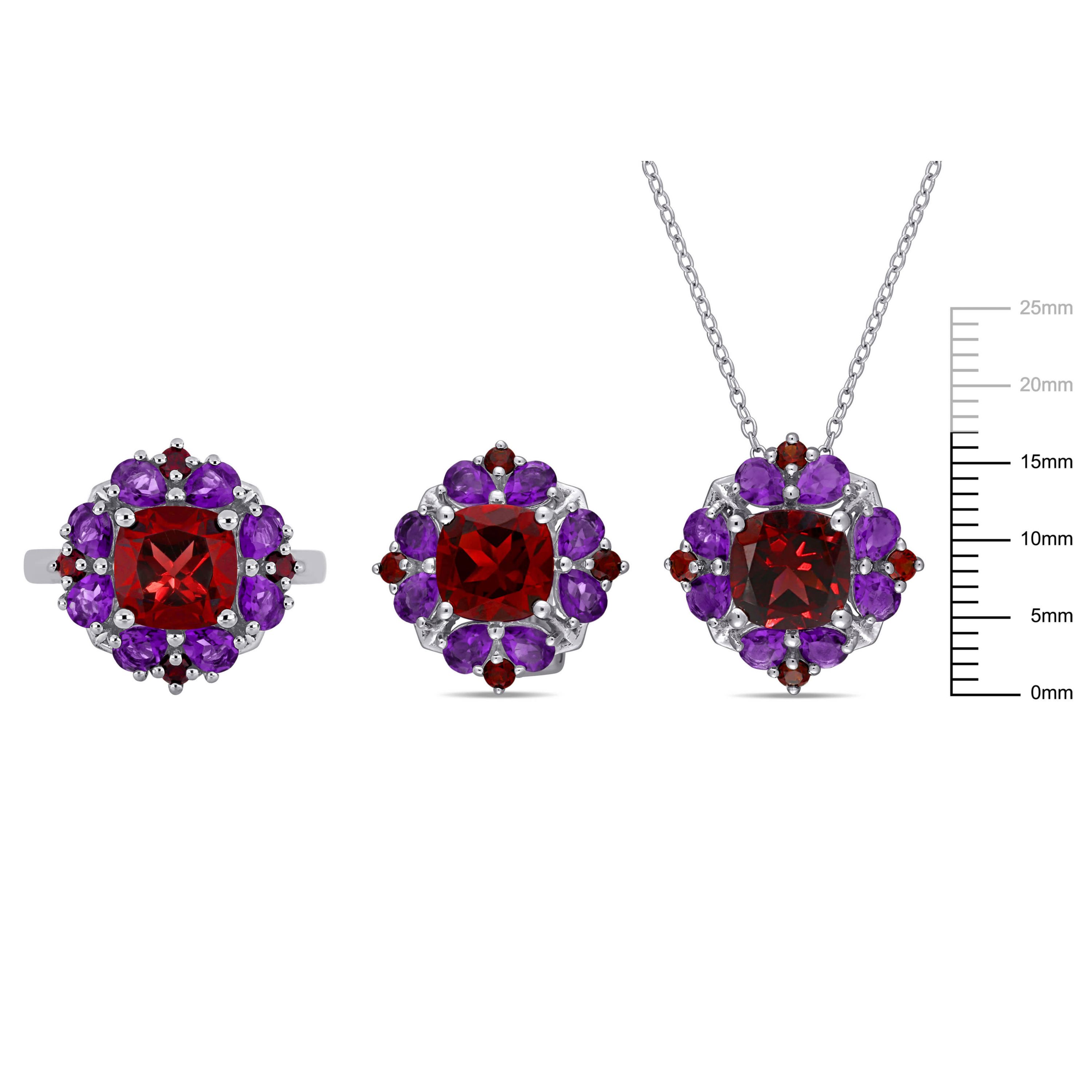 3-Pc Set of Garnet & Amethyst-Africa Cluster Ring, Earrings & Pendant with Chain in Sterling Silver