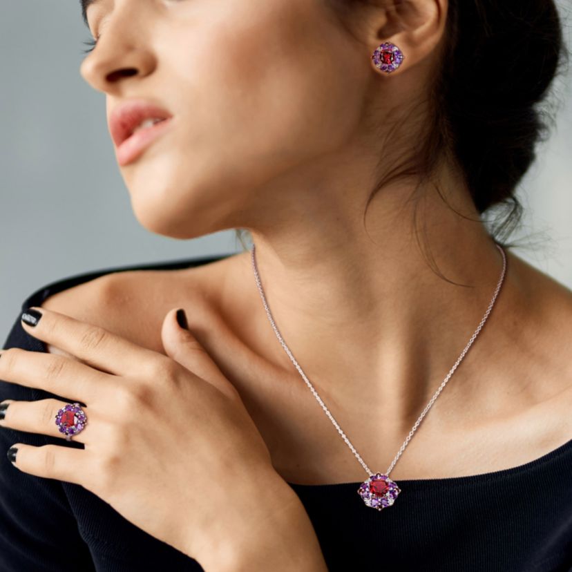 3-Pc Set of Garnet & Amethyst-Africa Cluster Ring, Earrings & Pendant with Chain in Sterling Silver