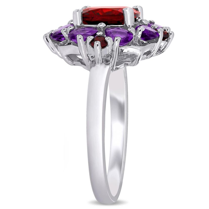 3-Pc Set of Garnet & Amethyst-Africa Cluster Ring, Earrings & Pendant with Chain in Sterling Silver