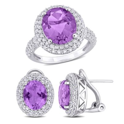 Belk & Co 2-Pc Set of Amethyst & White Topaz Double Halo Ring & Earrings in Sterling Silver