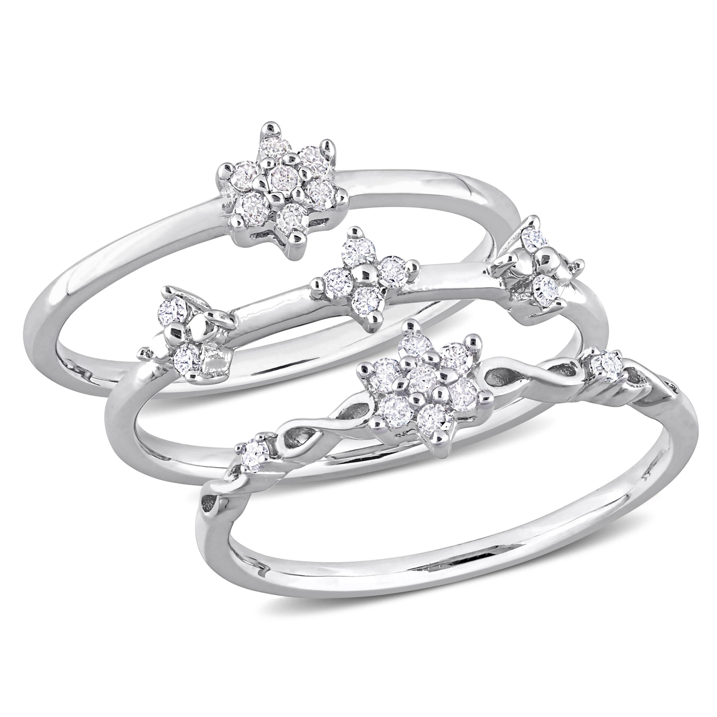 3-Pc Set of 1/4 ct. t.w. Diamond Floral Promise Ring Set in Sterling Silver
