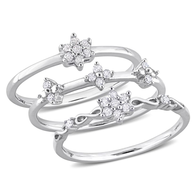 3-Pc Set of 1/4 ct. t.w. Diamond Floral Promise Ring Set in Sterling Silver