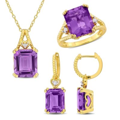 Belk & Co 3-Pc Set of Amethyst & White Topaz Ring, Earrings & Pendant with Chain in Yellow Plated Sterling Silver