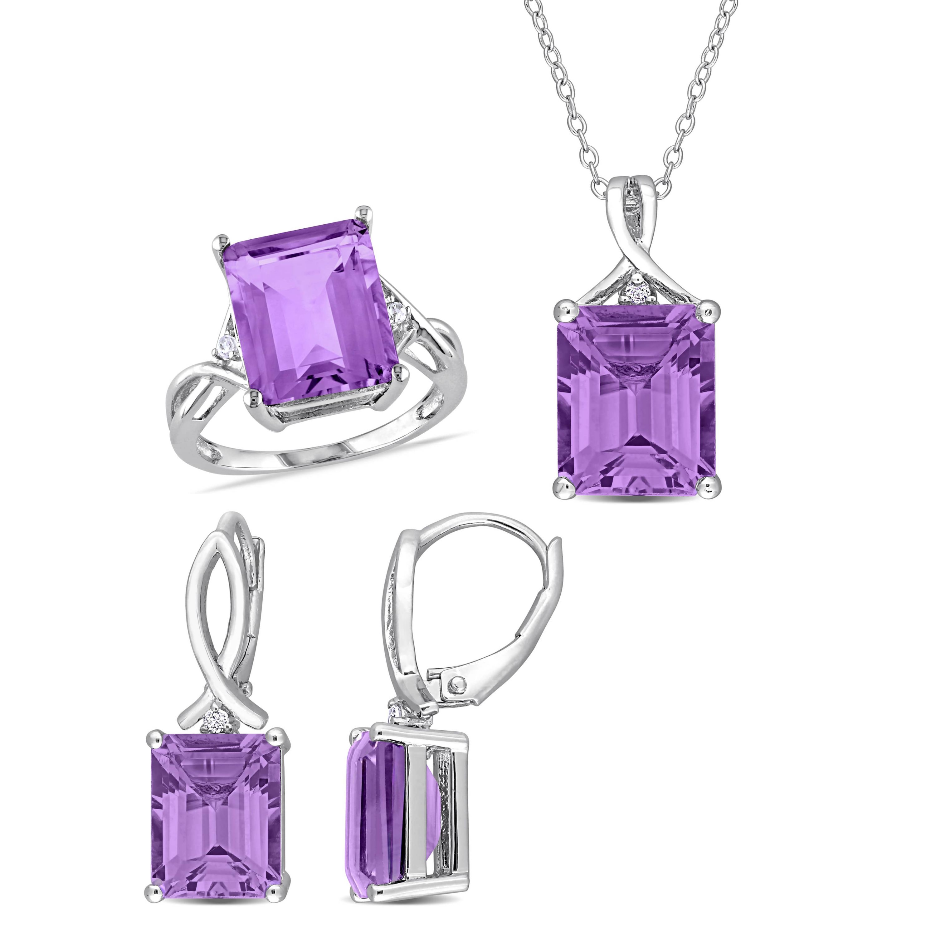 3-Pc Set of Amethyst & White Topaz Twisted Ring, Earrings & Pendant with Chain in Sterling Silver