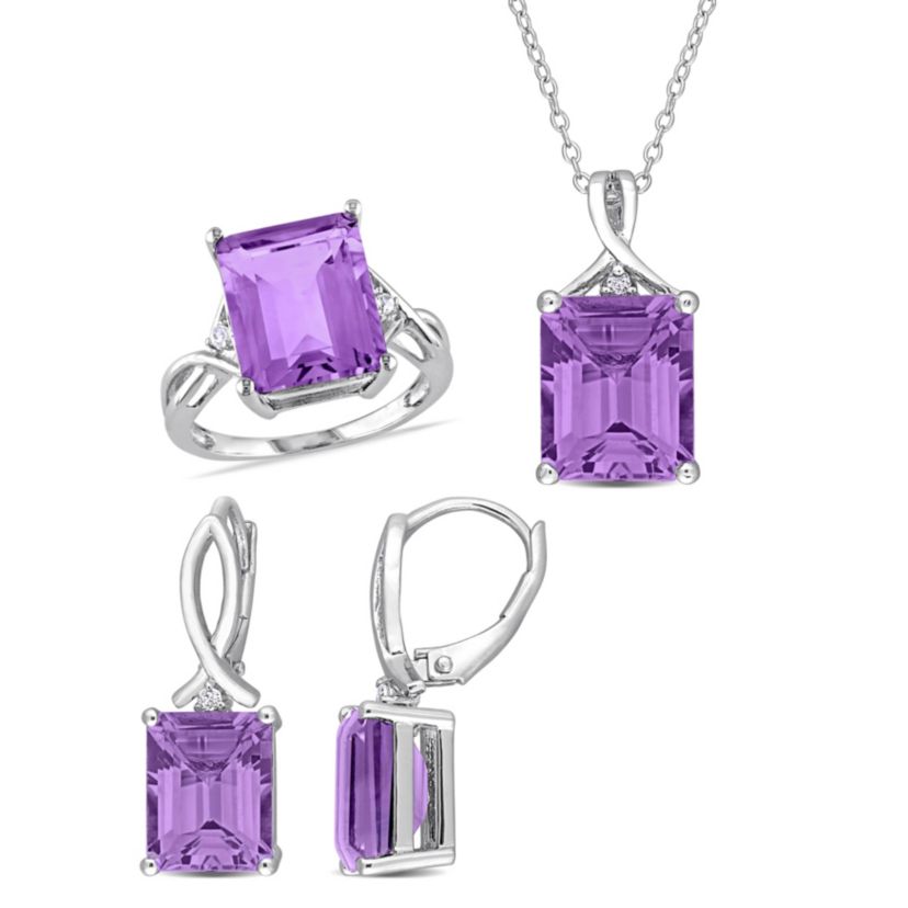 3-Pc Set of Amethyst & White Topaz Twisted Ring, Earrings & Pendant with Chain in Sterling Silver