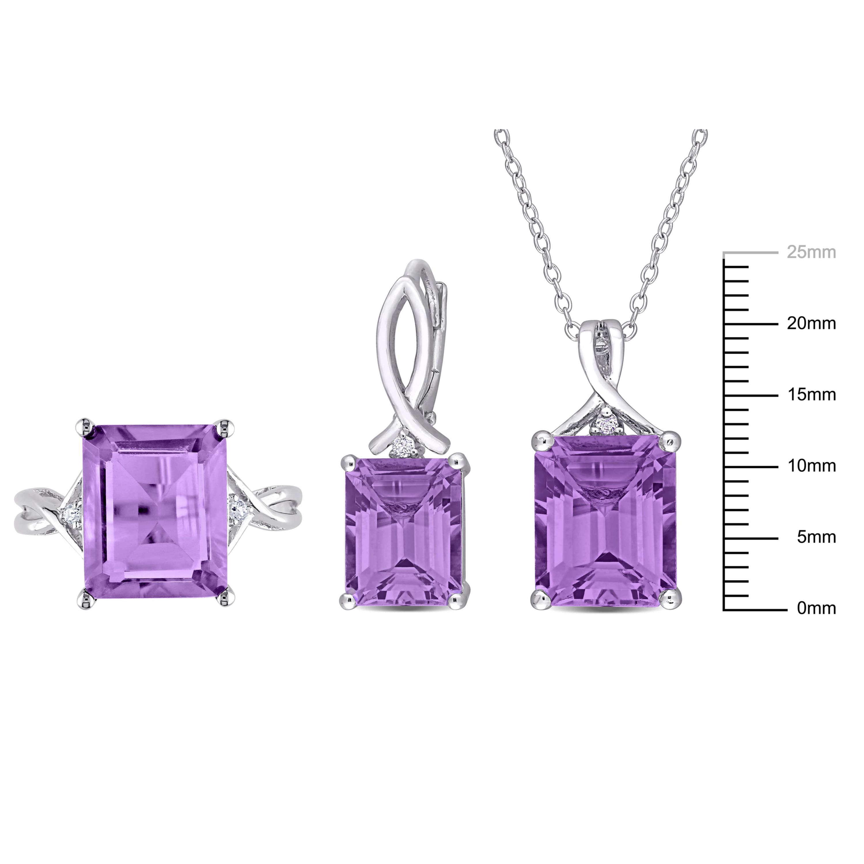 3-Pc Set of Amethyst & White Topaz Twisted Ring, Earrings & Pendant with Chain in Sterling Silver