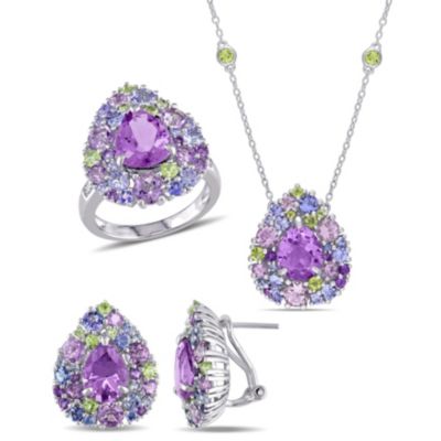 Belk & Co 3-Pc Set of Multi-Gemstone with Diamond Accent Cluster Ring, Earrings & Necklace in Sterling Silver, White, 7