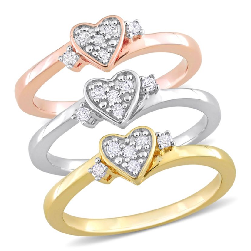 3-Pc Set of 1/3 ct. t.w. Diamond Heart Ring Set in 3-Tone Sterling Silver