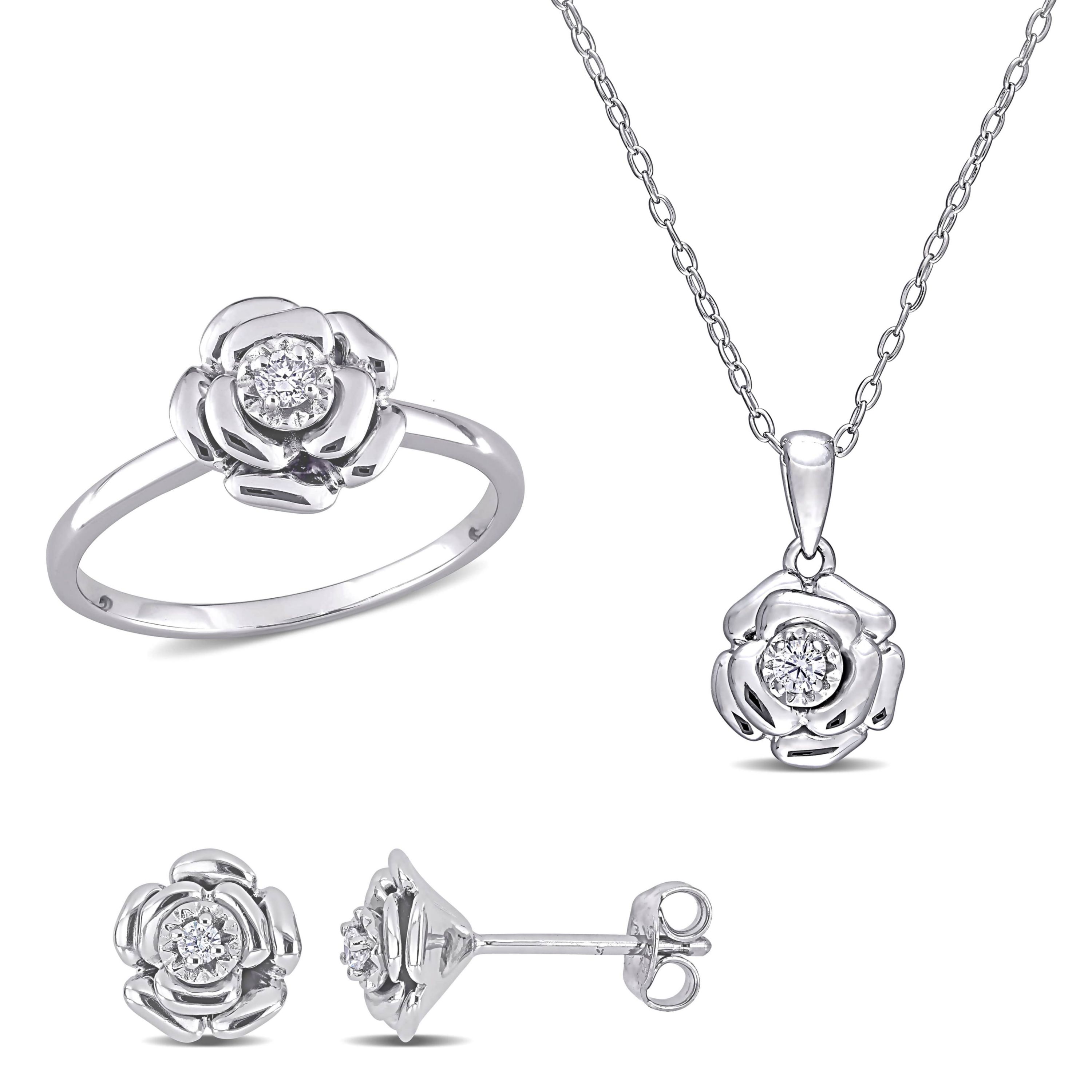 3-Pc Set of 1/6 ct. t.w. Diamond Flower Ring, Earrings & Pendant with Chain in Sterling Silver