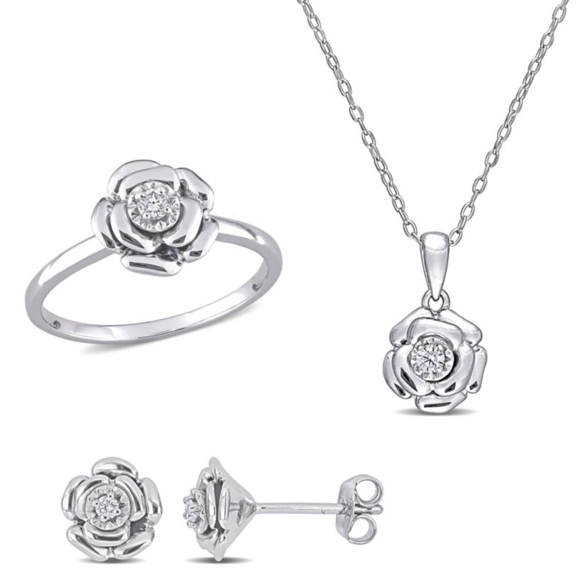 3-Pc Set of 1/6 ct. t.w. Diamond Flower Ring, Earrings & Pendant with Chain in Sterling Silver