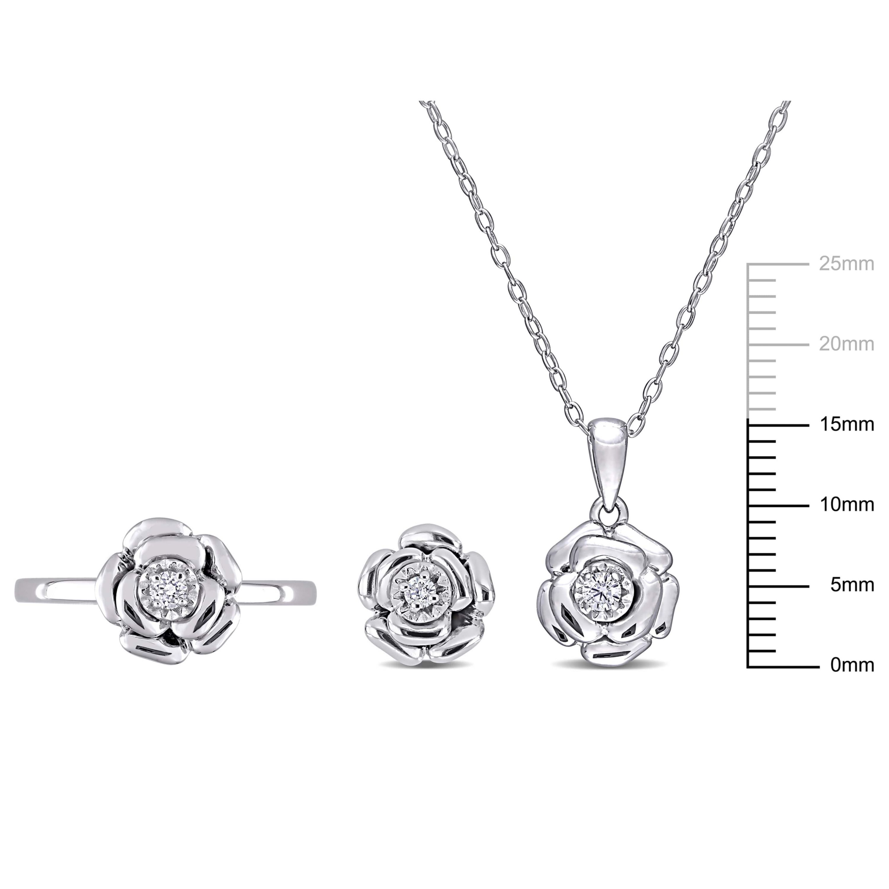 3-Pc Set of 1/6 ct. t.w. Diamond Flower Ring, Earrings & Pendant with Chain in Sterling Silver