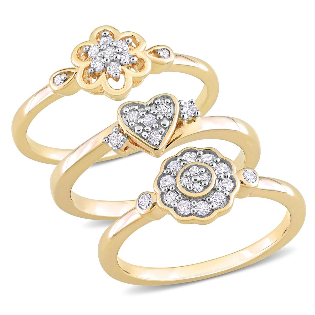 3-Pc Set of 3/8 ct. t.w. Diamond Heart & Flower Ring Set in Yellow Plated Sterling Silver