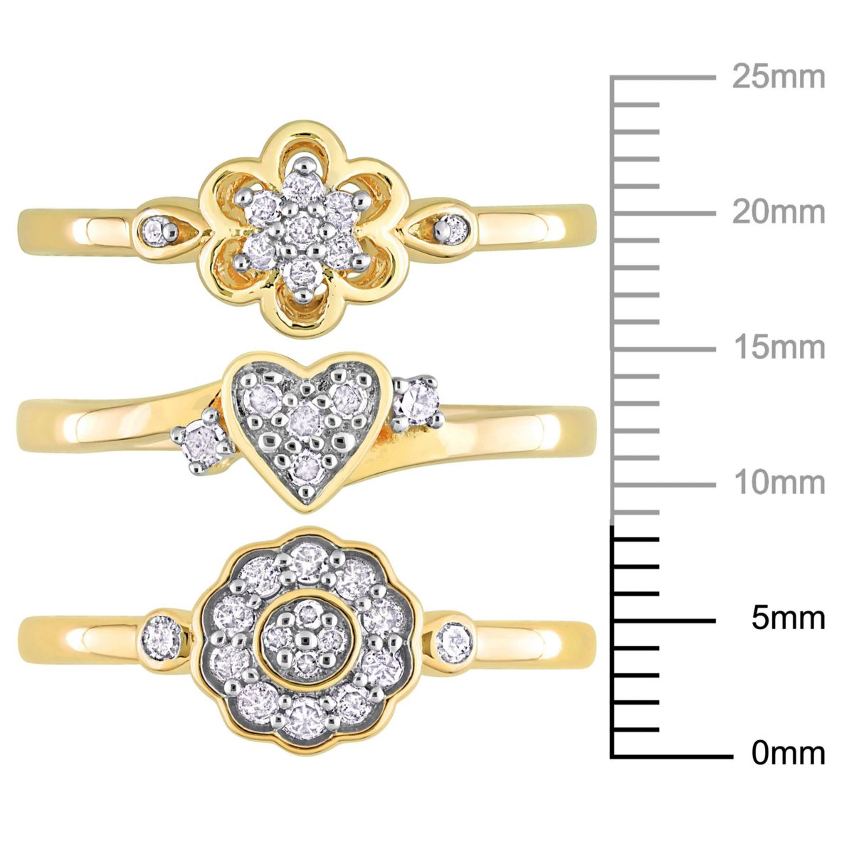 3-Pc Set of 3/8 ct. t.w. Diamond Heart & Flower Ring Set in Yellow Plated Sterling Silver