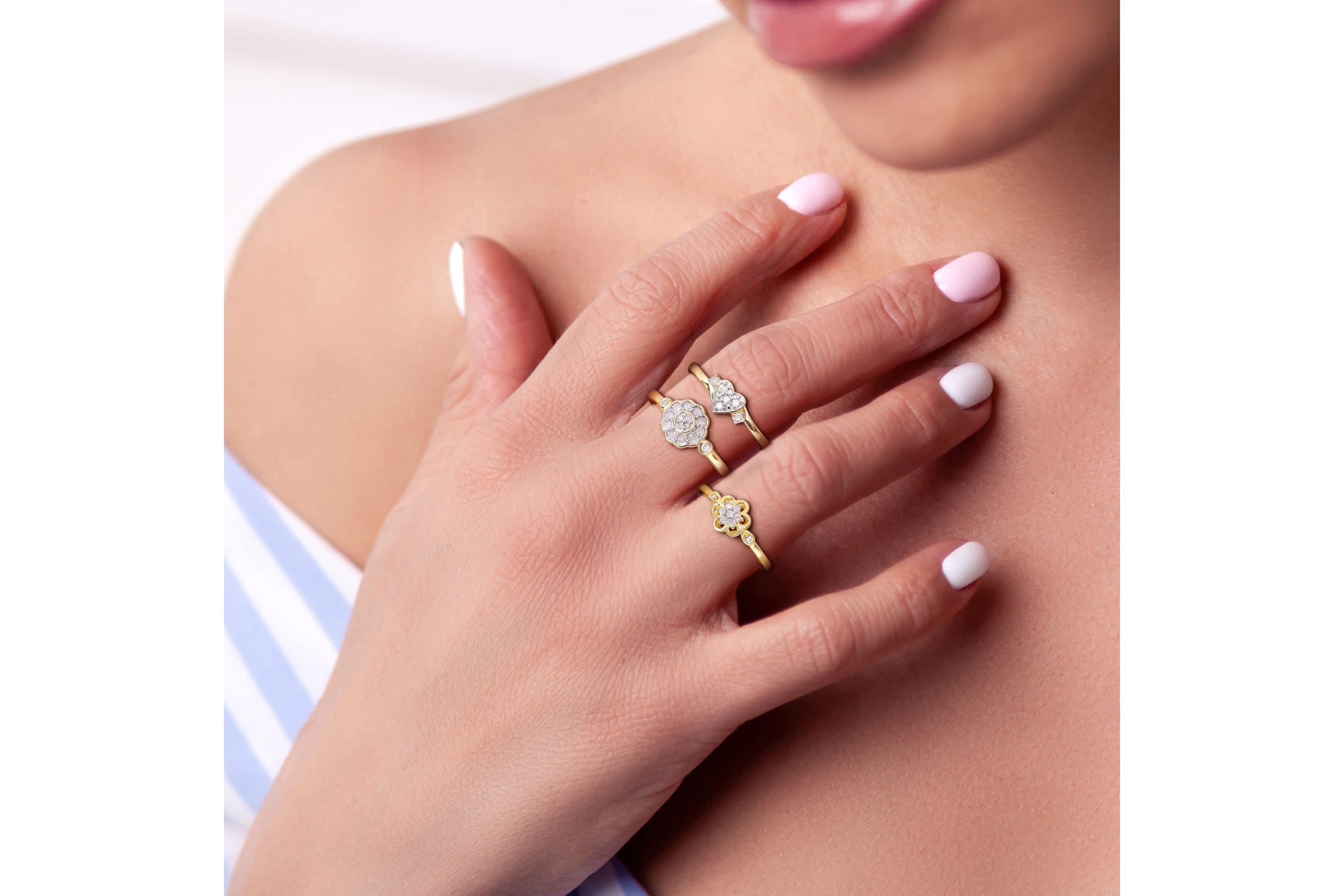 3-Pc Set of 3/8 ct. t.w. Diamond Heart & Flower Ring Set in Yellow Plated Sterling Silver
