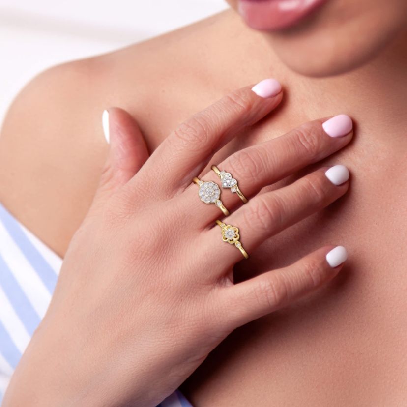 3-Pc Set of 3/8 ct. t.w. Diamond Heart & Flower Ring Set in Yellow Plated Sterling Silver