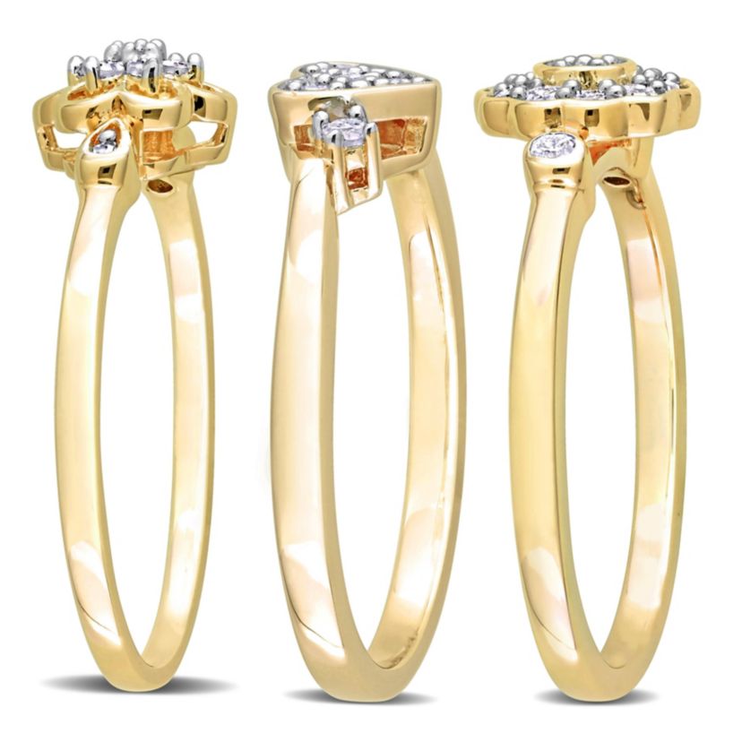 3-Pc Set of 3/8 ct. t.w. Diamond Heart & Flower Ring Set in Yellow Plated Sterling Silver