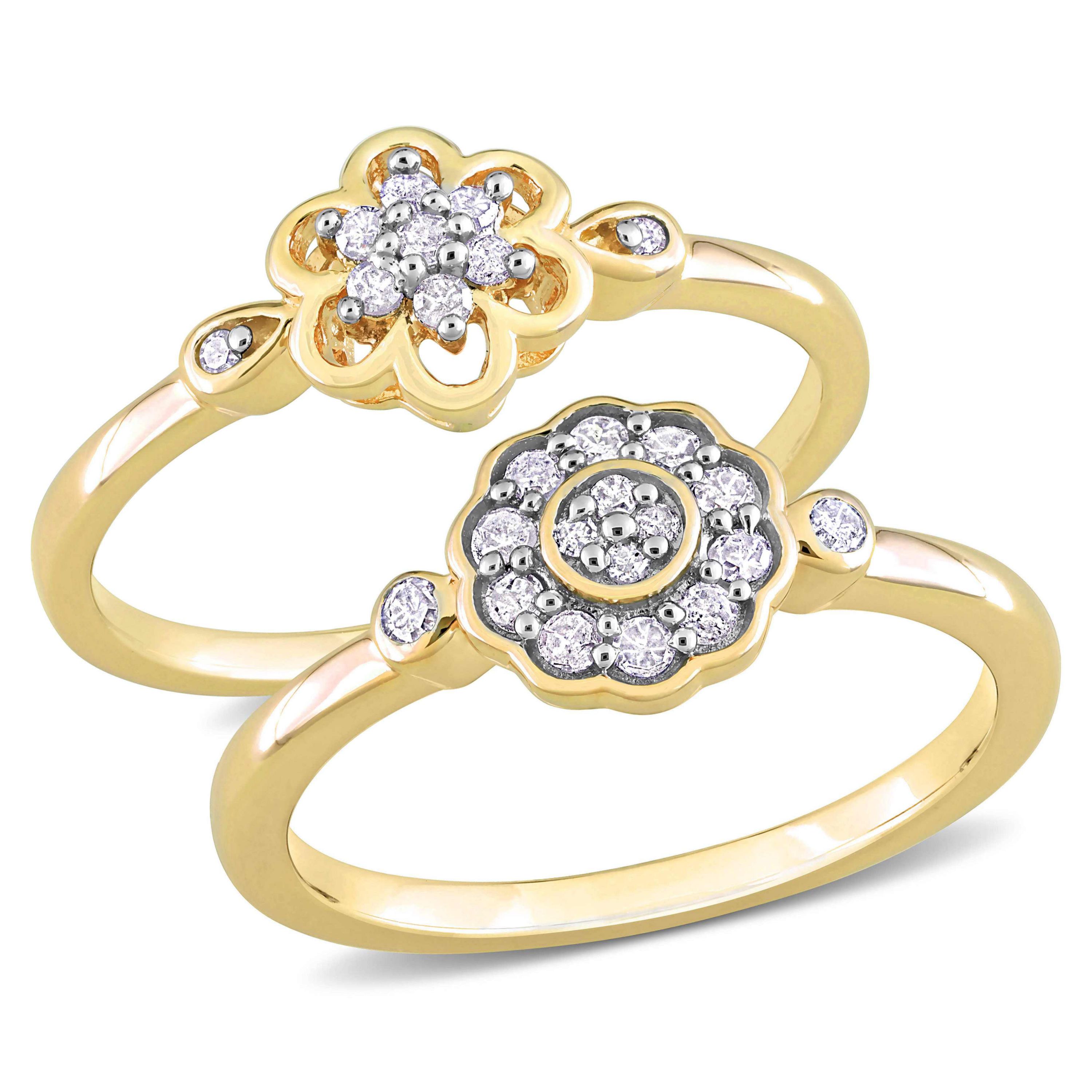 2-Pc Set of 1/3 ct. t.w. Diamond Flower Ring Set in Yellow Plated Sterling Silver