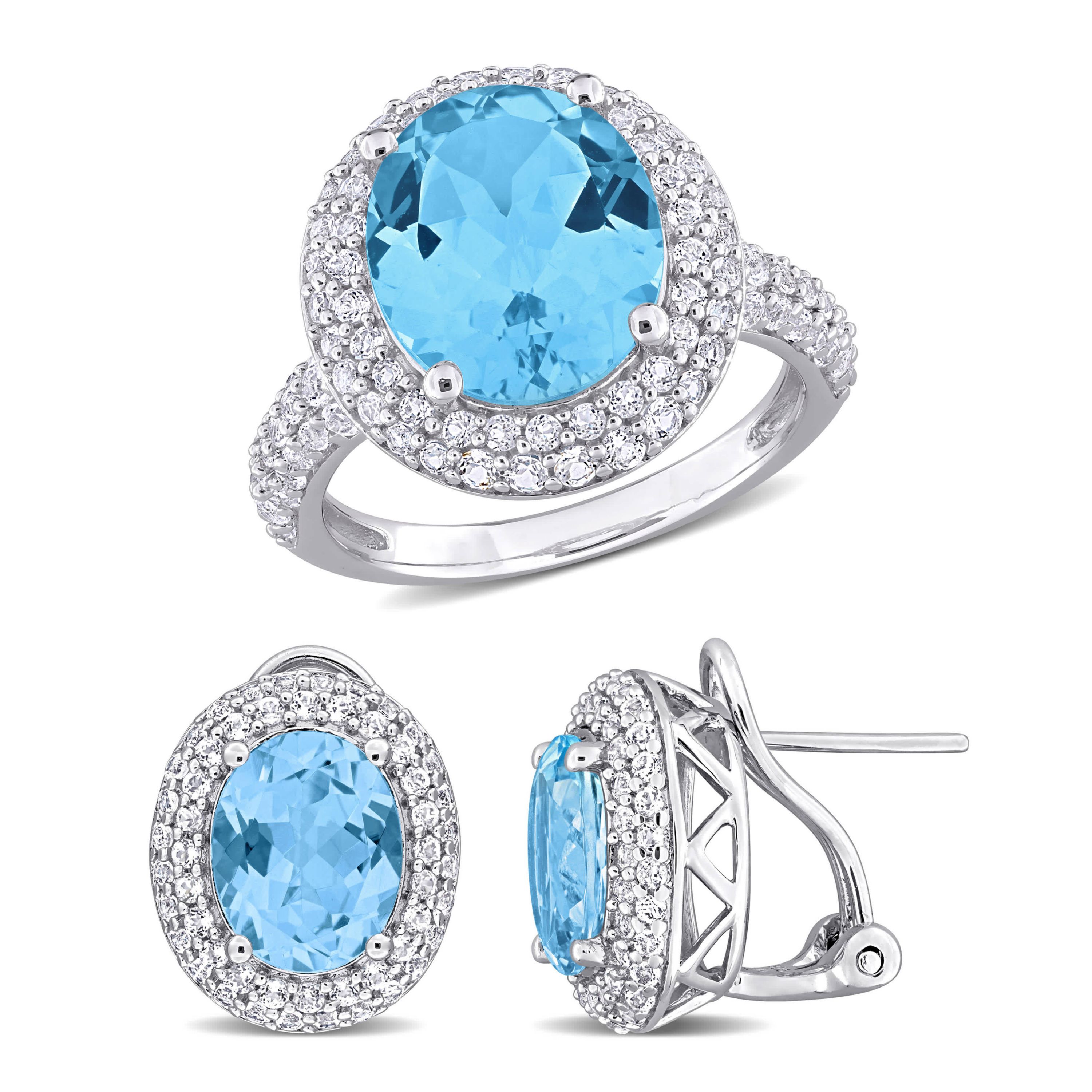 2-Pc Set of Sky Blue & White Topaz Double Halo Ring & Earrings in Sterling Silver