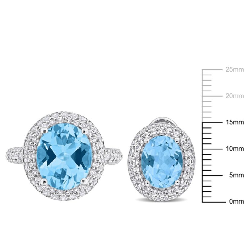 2-Pc Set of Sky Blue & White Topaz Double Halo Ring & Earrings in Sterling Silver