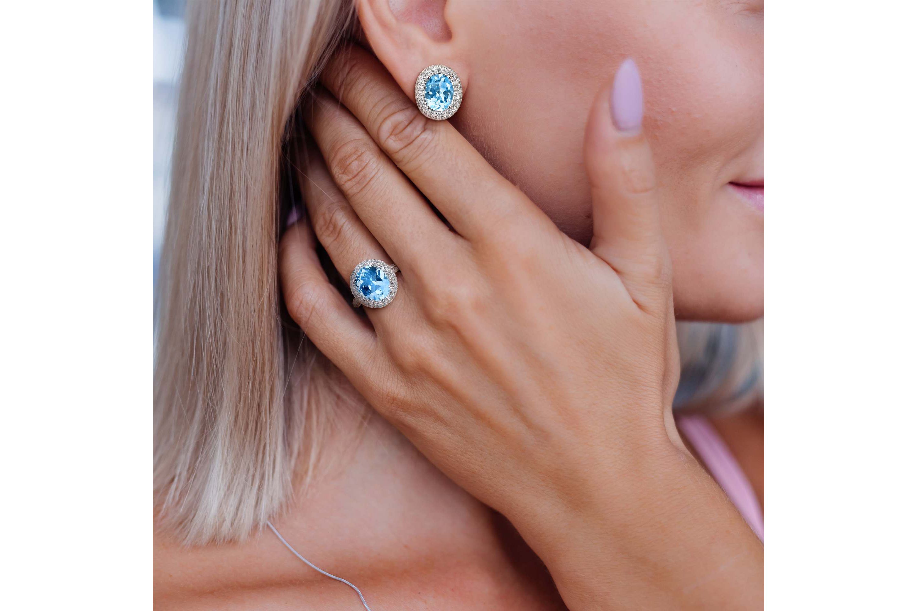 2-Pc Set of Sky Blue & White Topaz Double Halo Ring & Earrings in Sterling Silver