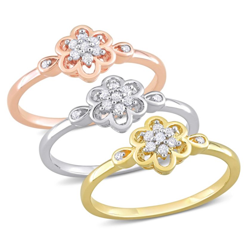 3-Pc Set of 1/4 ct. t.w. Diamond Flower Ring Set in 3-Tone Sterling Silver