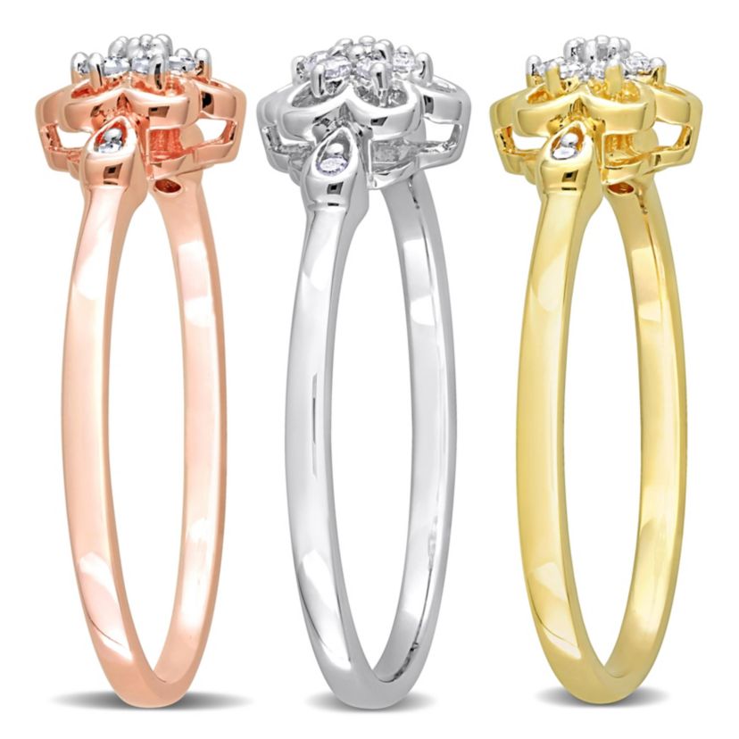 3-Pc Set of 1/4 ct. t.w. Diamond Flower Ring Set in 3-Tone Sterling Silver