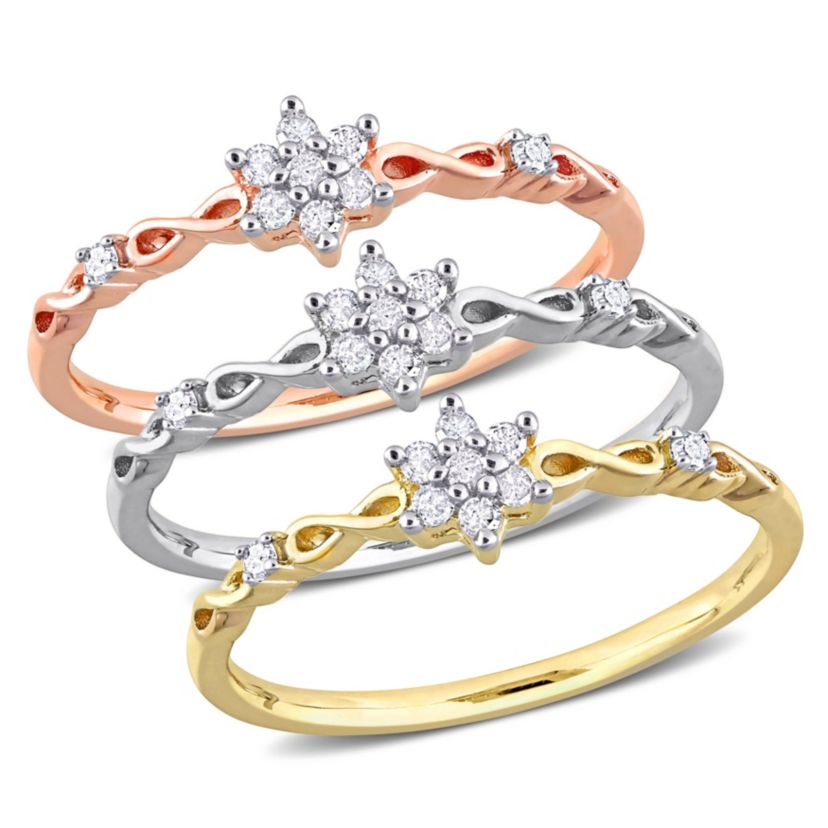3-Pc Set of 1/3 ct. t.w. Diamond Floral Promise Ring Set in 3-Tone Sterling Silver