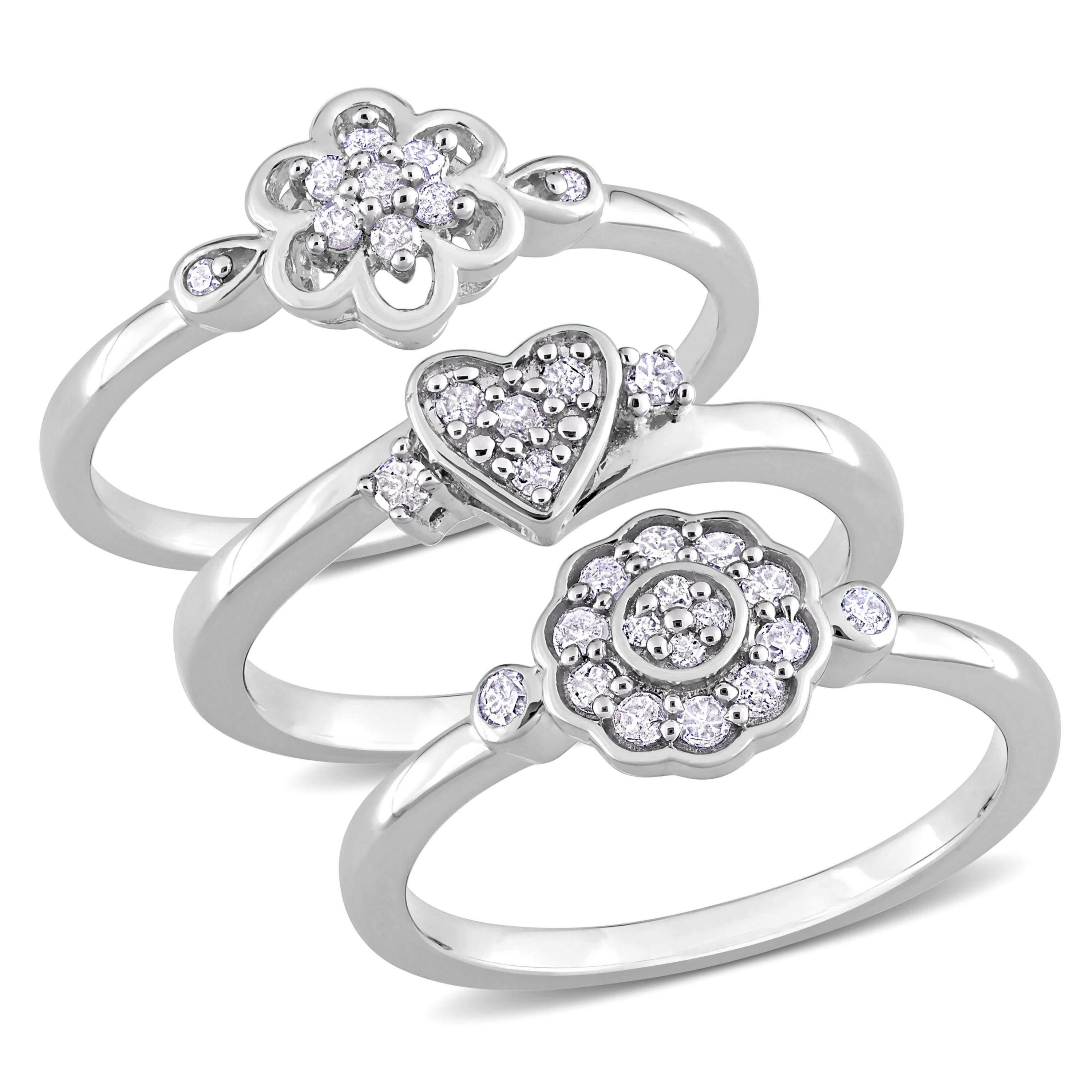 3-Pc Set of 3/8 ct. t.w. Diamond Heart & Flower Ring Set in Sterling Silver