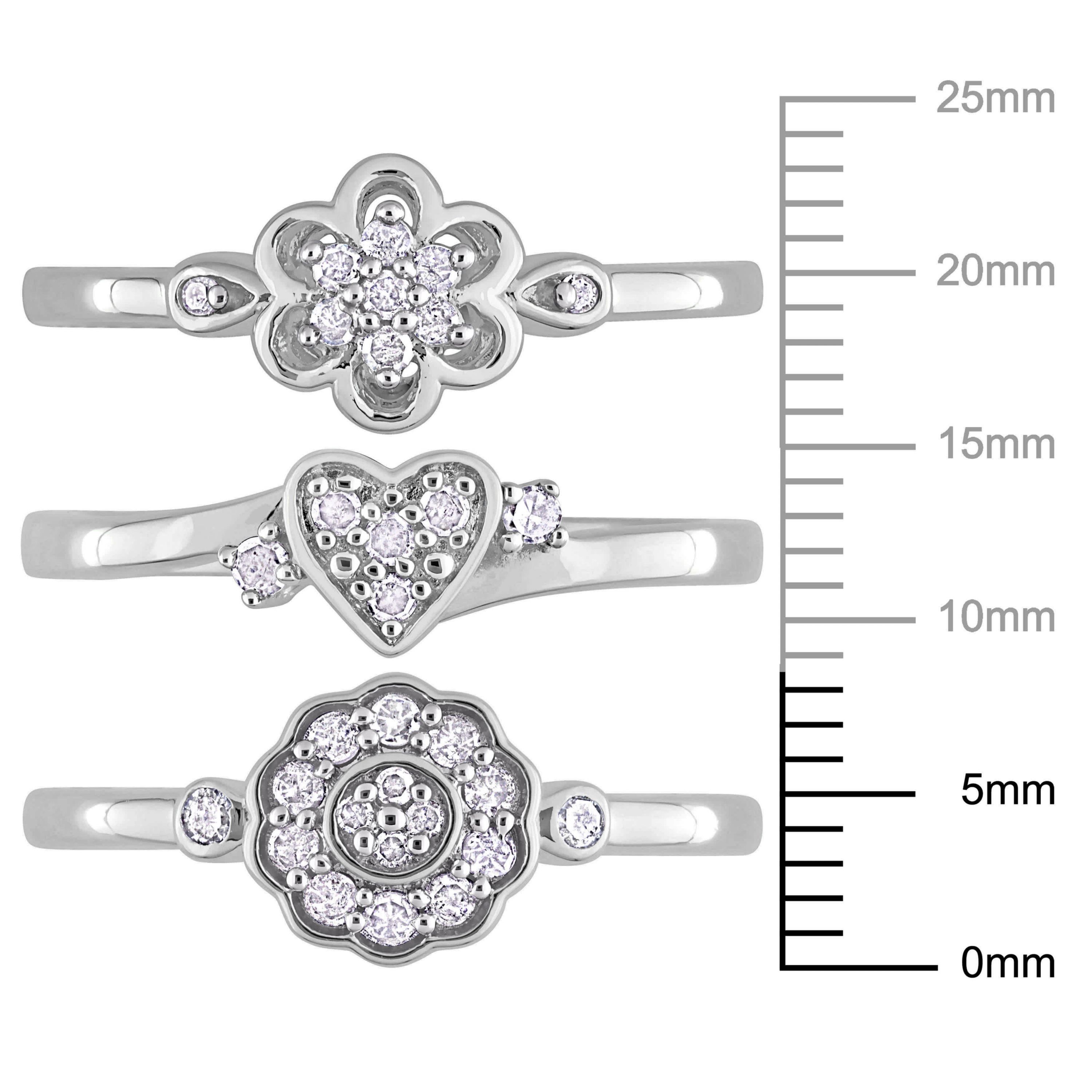 3-Pc Set of 3/8 ct. t.w. Diamond Heart & Flower Ring Set in Sterling Silver